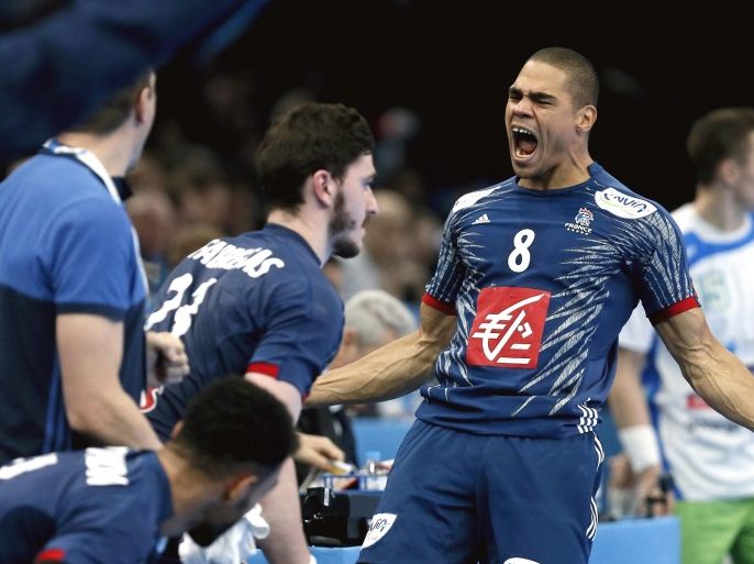 Daniel Narcisse (R) of France reacts during the semi-final match between France and Slovenia at the IHF Men's Handball World Championship, Paris, France, 26 January 2017.