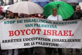 Demonstrators hold a rally in solidarity with Palestinians near the Egmont Palace, which houses the Belgian Ministry of Foreign Affairs, in Brussels, Belgium, 06 August 2014. The banner reads 'Boycott Israel, Stop the Israeli Occupation of Palestine'. Israeli and Egyptian officials held several hours of talks on a long-term Gaza truce late on 05 August after a three-day ceasefire went into effect and the last Israeli soldiers pulled out of the Palestinian enclave. Dur