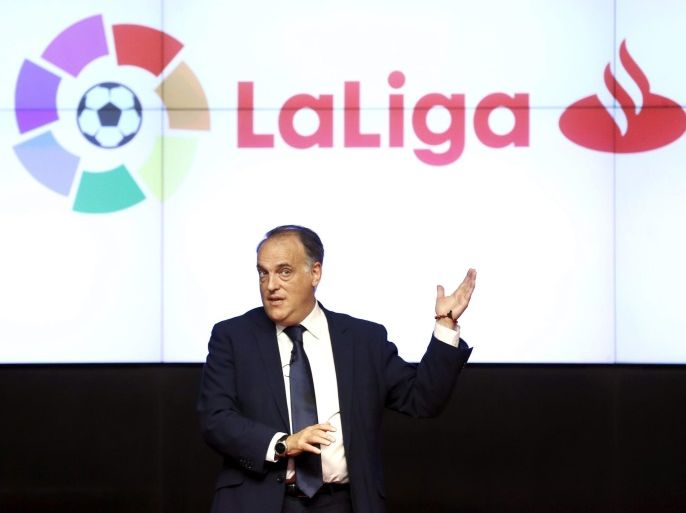 Sports Association LaLiga's president, Javier Tebas, gestures during the presentation of the cooperation agreement between Banco Santander and LaLiga for the sponsorship of Spanish soccer during the next three years, in Madrid, Spain, 21 July 2016.