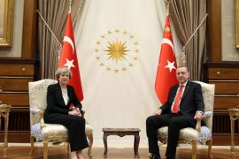 A handout photo made available by Turkish President Press office shows British Prime Minister Theresa May (L) meeting with Turkish President Recep Tayyip Erdogan (R) during their meeting in Ankara, Turkey, 28 January 2017. EPA/TURKISH PRESIDENT PRESS OFFICE HANDOUT