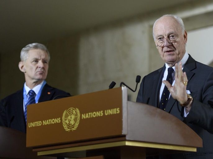 Staffan de Mistura (R), UN Special Envoy of the Secretary-General for Syria and Jan Egeland (L), Senior Advisor to the United Nations Special Envoy for Syria, speak about the International Syria Support Group's Humanitarian Access Task Force, at the European headquarters of the United Nations, in Geneva, Switzerland, 05 January 2017. A nationwide ceasefire came into effect in Syria on 29 December 2016 as a new round of peace negotiations are scheduled for 23 January 20