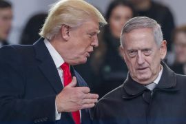 US President Donald J. Trump (L) greets new Secretary of Defense James 'Mad Dog' Mattis (R) in the reviewing stand during the Inaugural Parade after Trump took the oath of office as the 45th President of the United States in Washington, DC, USA, 20 January 2017. Trump won the 08 November 2016 election to become the next US President.
