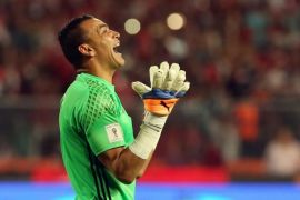 Egyptian player Essam El Hadary celebrates during the 2018 FIFA World Cup qualifying soccer match between Egypt and Ghana at Borg Al Arab Stadium in Alexandria, Egypt, 13 November 2016.