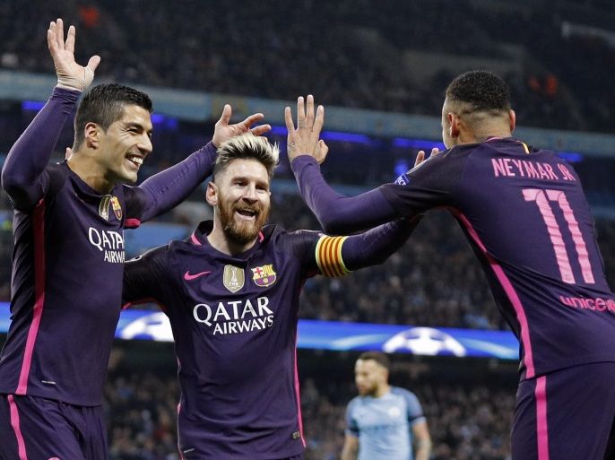 Britain Football Soccer - Manchester City v FC Barcelona - UEFA Champions League Group Stage - Group C - Etihad Stadium, Manchester, England - 1/11/16 Barcelona's Lionel Messi celebrates scoring their first goal with Luis Suarez and Neymar Reuters / Darren Staples Livepic EDITORIAL USE ONLY.