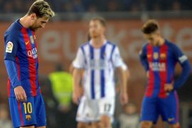 Football Soccer - Real Sociedad v Barcelona - Spanish Liga Santander - Anoeta, San Sebastian, Spain - 27/11/2016 Barcelona's Lionel Messi reacts. REUTERS/Vincent West