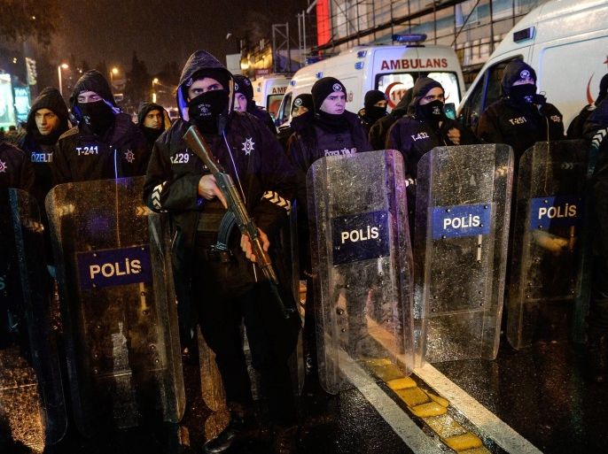 Turkish riot police officers secure the area after a gun attack on Reina, a popular night club in Istanbul, near by the Bosphorus, Turkey, 01 January 2017. At least 35 people were killed and 40 others were wounded in the attack, local media reported.