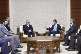A handout photo made available by Syrian Arab News Agency (SANA) shows Syrian President Bashar al-Assad (C-R) meeting with Chairman of the Committee for Foreign Policy and National Security at the Iranian Shura Council, Alaeddin Boroujerdi (C-L) and the accompanying delegation in Damascus, Syria, 04 January 2017. EPA/SANA HANDOUT