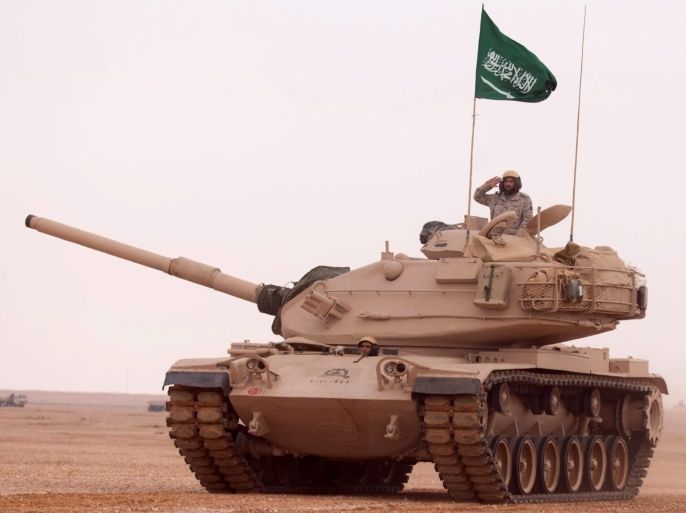 A handout photograph released by the official Saudi Press Agency (SPA) shows a soldier saluting atop a Saudi tank during the multi-national military exercise 'North Thunder, at an undisclosed location in Saudi Arabia, 02 March 2016. According to reports, some 350,000 military personnel and over 2000 warplanes from 20 countries are participating in the military maneuver, dubbed 'North Thunder'. EPA/SAUDI PRESS AGENCY / HANDOUT