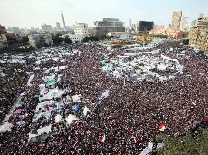 (FILE) - A file picture dated 11 February 2011, shows Egyptian anti-government protesters demonstrating after the Friday prayer at Tahrir square in Cairo, Egypt. On the sixth anniversary of the 25 January 2011 uprising in Egypt Egyptian President Abdel Fattah al-Sisi said on an official televised address that '25 January 2011 revolution will remain a turning point in this country's history. More than 800 people were killed and thousands injured during the 18-day uprising against the Egyptian regime which led to the removal of President Hosni Mubarak on 11 February 2011. EPA/ANDRE PAIN *** Local Caption *** 50212006