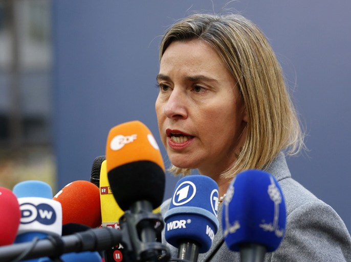 epa05676532 High Representative for Foreign Affairs and Security Policy Federica Mogherini speaks to media as she arrives for the European summit in Brussels, Belgium, 15 December 2016. EU leaders meet for a one-day summit which will mainly focus on the implementation of the EU-Turkey agreement on migration and the EU Internal Security Strategy. 27 leaders are scheduled to later meet informally for a dinner to discuss the Brexit process. EPA/JULIEN WARNAND