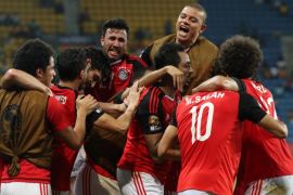 Players of Egypt celebrate a goal during the 2017 Africa Cup of Nations Finals football match between Egypt and Uganda in Port Gentil, Gabon, 21 January 2017.