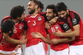 Mohamed Salah of Egypt (10) celebrates a goal with teammates during the 2017 Africa Cup of Nations match between Egypt and Ghana at the Port Gentil Stadium in Gabon on 25 January 2017.