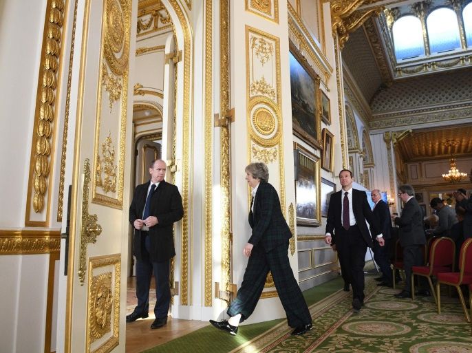 Britain's Prime Minister Theresa May (C) leaves after delivering her keynote 'Brexit speech' at Lancaster House in London, Britain 17 January 2017. May was quoted as saying that staying in the single market would keep the UK under the influence of EU law, a move that would be contrary to the result of the referendum on 23 June 2016.