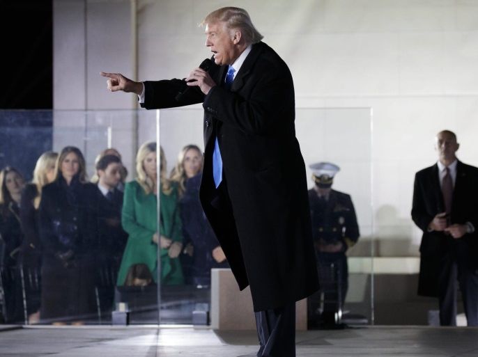 US President-Elect Donald J. Trump speaks on a stage at the Lincoln Memorial at the end of the 'Make America Great Again! Welcome Celebration' a day before Trump is to be sworn in as the 45th President of the United States in Washington, DC, USA, 19 January 2017. Trump won the 08 November 2016 election to become the next US President.