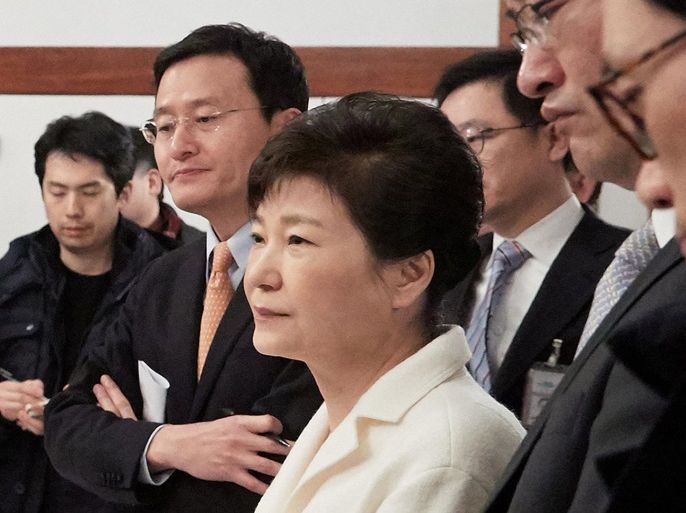 South Korean President Park Geun-hye listens to a reporter's question during a meeting with reporters at the Presidential Blue House in Seoul, South Korea, in this handout picture provided by the Presidential Blue House and released by Yonhap on January 1, 2017. Blue House/Yonhap via REUTERS ATTENTION EDITORS - THIS IMAGE HAS BEEN SUPPLIED BY A THIRD PARTY. SOUTH KOREA OUT. FOR EDITORIAL USE ONLY. NO RESALES. NO ARCHIVE.