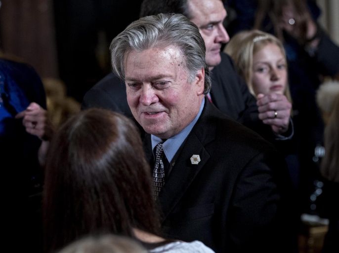 Stephen 'Steve' Bannon, chief strategist for US President Donald Trump, attends a swearing in ceremony of White House senior staff in the East Room of the White House in Washington, DC, USA, on 22 January 2017.