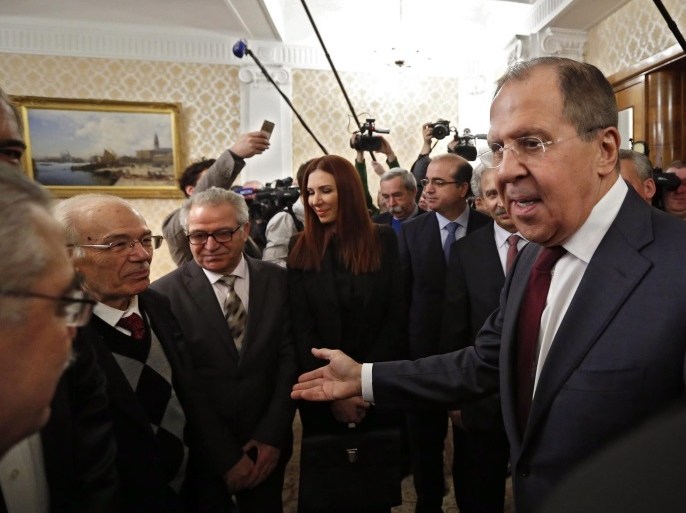 epaselect epa05753462 Russian Foreign Minister Sergei Lavrov (C-R) welcomes Syrian opposition representatives during their meeting in Moscow, Russia, 27 January 2017.