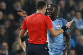 Britain Football Soccer - Manchester City v Celtic - UEFA Champions League Group Stage - Group C - Etihad Stadium, Manchester, England - 6/12/16 Referee Slavko Vincic speaks with Manchester City's Bacary Sagna Reuters / Phil Noble Livepic EDITORIAL USE ONLY.