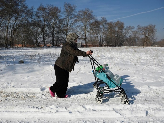 A refugee pushes a baby cart full with goods on snow at the refugee camp of the village of Vagiohori in northern Greece, January 13, 2017. REUTERS/Alexandros Avramidis