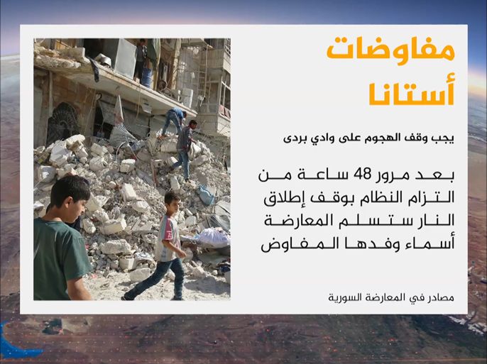 قالت مصادر للجزيرة إن المعارضة السورية شترط وقف الحملة على وادي بردى بريف دمشق للمشاركة في مفاوضات أستانا، إضافة إلى وقف شامل لإطلاق النار وفك الحصار عن المناطق المحاصرة.