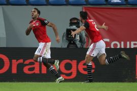 Kahraba of Egypt (L) celebrates a goal with teammate Mahmoud Hassan Trezeguet (R) during the 2017 Africa Cup of Nations (CAN) quarterfinal match between Egypt and Morocco at Stade de Port Gentil stadium in Port-Gentil, Gabon, 29 January 2017. Egypt won the match. EPA/CHRIS RICCO This image is intended for Editorial use (e.g. news articles). Any commercial use (e.g. ad campaigns) requires additional clearance. Contact: photo@backpagemedia.co.za for more information