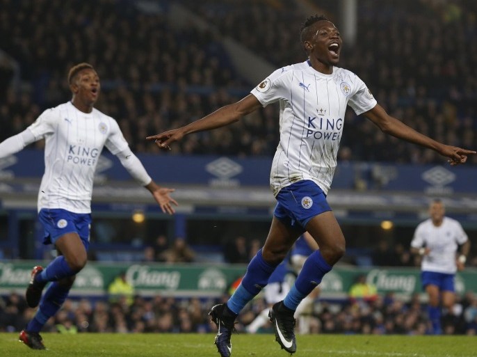 Britain Football Soccer - Everton v Leicester City - FA Cup Third Round - Goodison Park - 7/1/17 Leicester City's Ahmed Musa celebrates scoring their second goal Action Images via Reuters / Ed Sykes Livepic EDITORIAL USE ONLY. No use with unauthorized audio, video, data, fixture lists, club/league logos or "live" services. Online in-match use limited to 45 images, no video emulation. No use in betting, games or single club/league/player publications. Please contact y