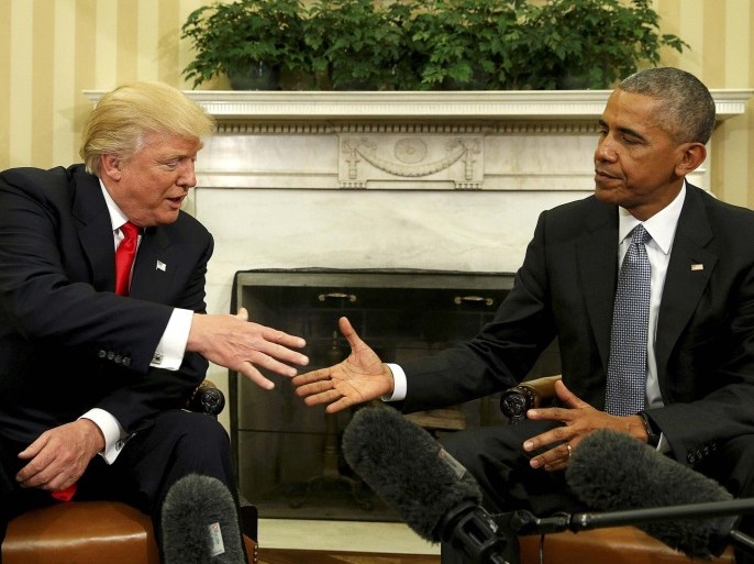 U.S. President Barack Obama meets with President-elect Donald Trump in the Oval Office of the White House in Washington November 10, 2016. REUTERS/Kevin Lamarque/File Photo