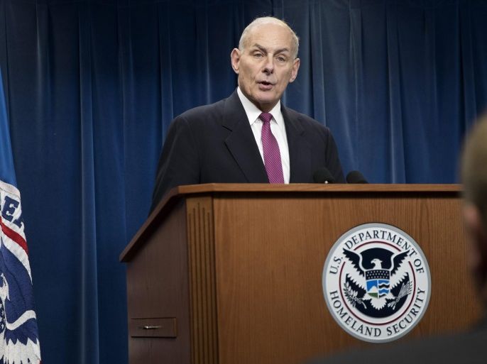 US Secretary of Homeland Security, John Kelly responds to a question from the news media on the Trump administration travel ban during a press conference at the Customs Border Protection department in Washington, DC, USA, 31 January 2017.