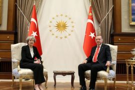 Turkish President Tayyip Erdogan meets with Britain's Prime Minister Theresa May at the Presidential Palace in Ankara, Turkey, January 28, 2017. Yasin Bulbul/Presidential Palace/Handout via REUTERS ATTENTION EDITORS - THIS PICTURE WAS PROVIDED BY A THIRD PARTY. FOR EDITORIAL USE ONLY. NO RESALES. NO ARCHIVE.