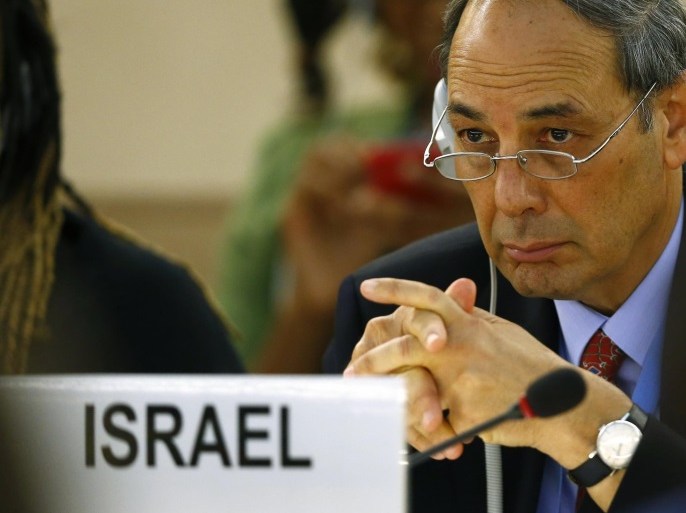 Israel's Ambassador to the U.N. Eviatar Manor pauses during the 21st Special Session of the Human Rights Council on the human rights situation in the Palestinian Territories at the United Nations Office in Geneva July 23, 2014. REUTERS/Denis Balibouse (SWITZERLAND - Tags: POLITICS)