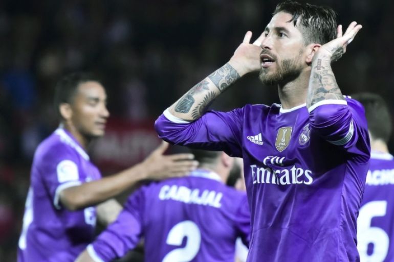 Real Madrid's defender Sergio Ramos celebrates after scoring the second goal against Sevilla during their 16th round of King's Cup second leg match played at Ramon Sanchez Pizjuan's stadium in Seville, Andalusia, Spain, on 12 January 2017.