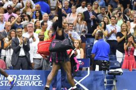 Sept 8, 2016; New York, NY, USA; Serena Williams of the USA reacts after losing to Karolina Pliskova of the Czech Republic on day eleven of the 2016 U.S. Open tennis tournament at USTA Billie Jean King National Tennis Center. Mandatory Credit: Robert Deutsch-USA TODAY Sports
