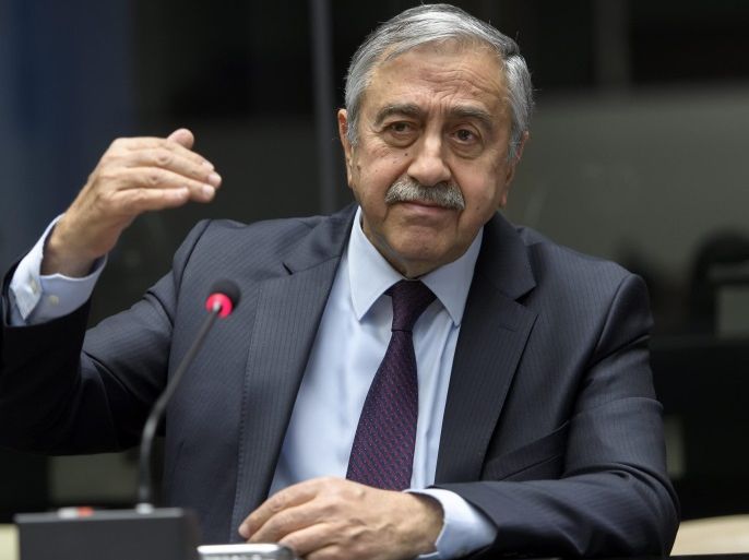 Turkish Cypriot leader Mustafa Akinci speaks to the media about the Cyprus Peace Talks, during a press conference at the European headquarters of the United Nations in Geneva, Switzerland, 13 January 2017.