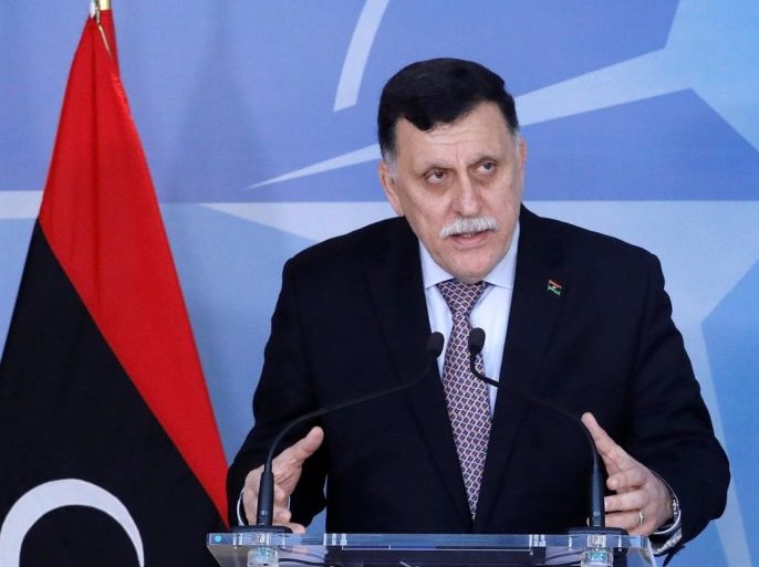 Libya's Prime Minister Fayez el-Sarraj holds a news conference after a meeting with NATO Secretary General Jens Stoltenberg at the Alliance's Headquarters in Brussels, Belgium, February 1, 2017. REUTERS/Yves Herman