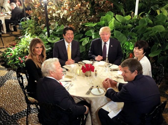Japanese Prime Minister Shinzo Abe and his wife Akie Abe attend dinner with U.S. President Donald Trump and his wife Melania at Mar-a-Lago Club in Palm Beach, Florida U.S., February 10, 2017. REUTERS/Carlos Barria TPX IMAGES OF THE DAY