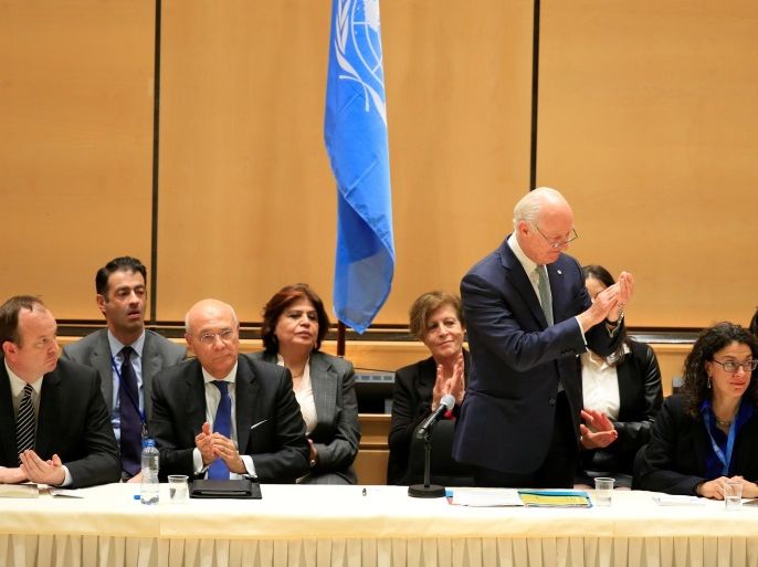 United Nations Special Envoy for Syria Staffan de Mistura addresses the Syrian invitees in the presence of members of the UN Security Council and the International Syria Support Group in the context of the resumption of intra-Syrian talks at the Palais des Nations in Geneva, Switzerland, February 23, 2017. REUTERS/Pierre Albouy