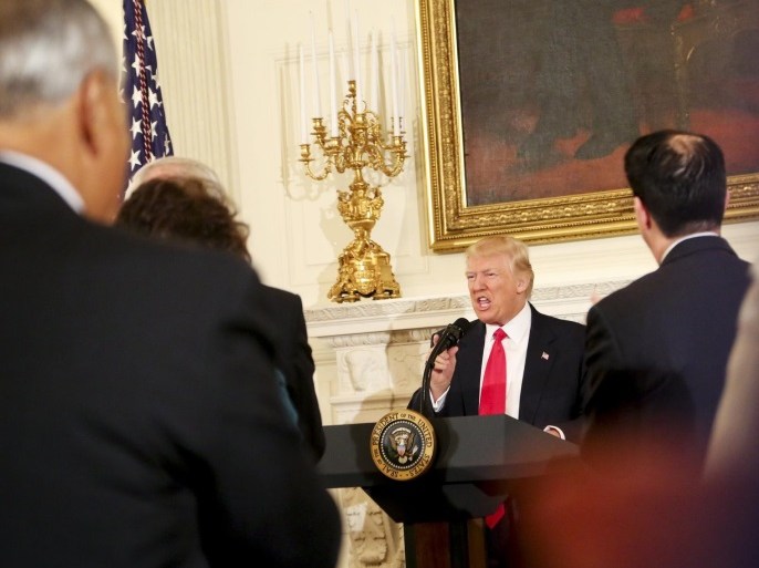 US President Donald J. Trump speaks at the National Governors Association meeting in the State Dining Room of the White House, Washington, DC, USA 27 February 2017.