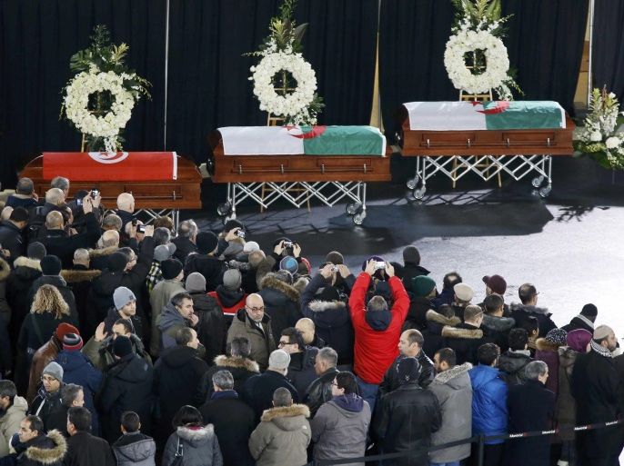 Caskets sit side-by-side prior to funeral ceremonies for three of the victims of the deadly shooting at the Quebec Islamic Cultural Centre, in Montreal, Quebec, Canada, February 2, 2017. REUTERS/Chris Wattie