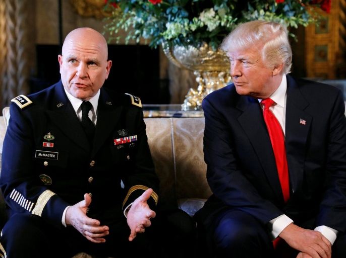 U.S. President Donald Trump and his newly named National Security Adviser Army Lt. Gen. H.R. McMaster (L) speak during the announcement at his Mar-a-Lago estate in Palm Beach, Florida U.S. February 20, 2017. REUTERS/Kevin Lamarque