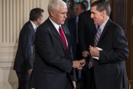US Vice President Mike Pence (L) shakes hands with Michael Flynn(R), National Security Advisor to U.S. President Donald J. Trump, at a press conference with Japanese Prime Minister Shinzo Abe in the East Room of the White House in Washington, DC, USA, 10 February 2017. Abe will visit Trump's Florida resort Mar-a-Lago this weekend.
