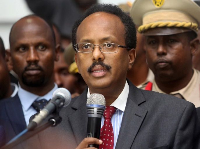 Somalia's newly elected President Mohamed Abdullahi Farmajo addresses lawmakers after winning the vote at the airport in Somalia's capital Mogadishu, February 8, 2017. REUTERS/Feisal Omar