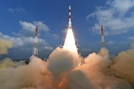 A handout photo made available by the Indian Space Research Organization (ISRO) shows the PSLV-C37 lifting off at the Satish Dhawan Space Centre in Sriharikota, Andhra Pradesh, India, 15 February 2017. The ISRO created a world record by launching 104 satellites on board one rocket, the PSLV - C37. EPA/ISRO HANDOUT