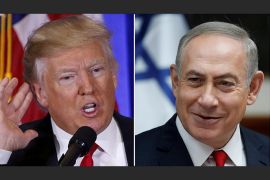 U.S. President-elect Donald Trump speaks during a news conference in the lobby of Trump Tower in Manhattan, New York City, U.S., January 11, 2017 and Israeli Prime Minister Benjamin Netanyahu attends the weekly cabinet meeting in Jerusalem January 22, 2017 in a combination of file photos. REUTERS/Lucas Jackson/Ronen Zvulun/File Photo