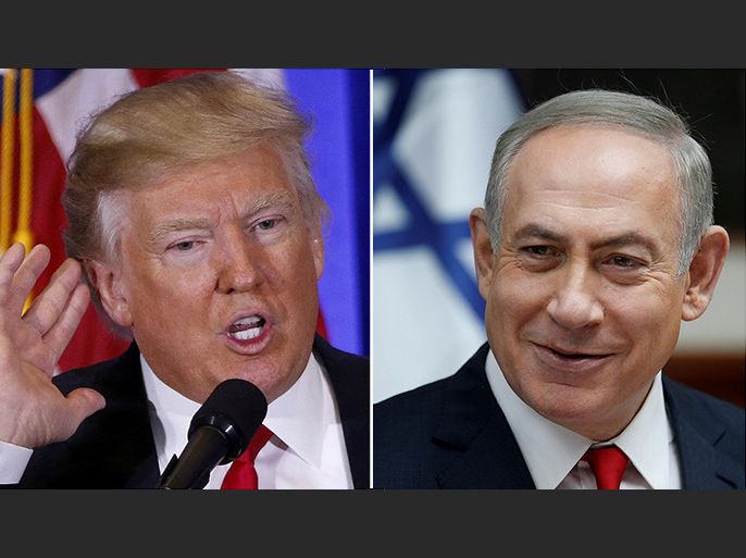 U.S. President-elect Donald Trump speaks during a news conference in the lobby of Trump Tower in Manhattan, New York City, U.S., January 11, 2017 and Israeli Prime Minister Benjamin Netanyahu attends the weekly cabinet meeting in Jerusalem January 22, 2017 in a combination of file photos. REUTERS/Lucas Jackson/Ronen Zvulun/File Photo