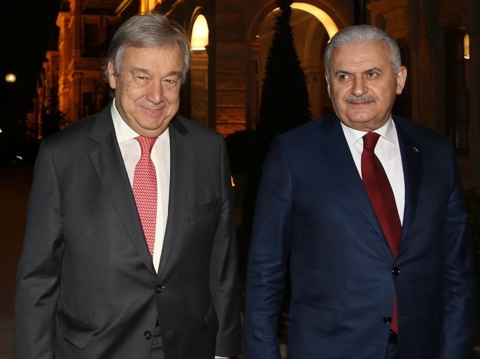 A handout photo made available by Turkish Prime Minister Press office shows Turkish Prime Minister Binali Yildirim (R) receiving United Nations Secretary-General Antonio Guterres (L) in Istanbul, Turkey, 10 February 2017. Guterres arrived in Turkey on a two-day official visit where he will have talks with officials on Cyprus talks and developments in the Middle East. EPA/MUSTAFA AKTAS / TURKISH PRIME MINISTER OFFICE HANDOUT