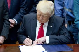 US President Donald J. Trump signs H.J. Res. 38, disapproving the rule submitted by the US Department of the Interior known as the Stream Protection Rule in the Roosevelt Room of the White House in Washington, DC, USA, 16 February 2017. The Department of Interior's Stream Protection Rule, which was signed during the final month of the Obama administration, 'addresses the impacts of surface coal mining operations on surface water, groundwater, and the productivity of m