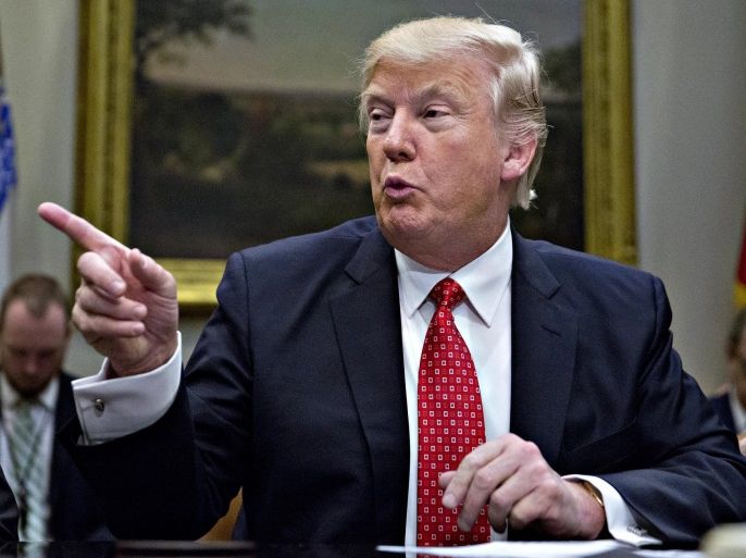 US President Donald J. Trump gestures while speaking as he meets with county sheriffs during a listening session in the Roosevelt Room of the White House in Washington, DC, USA, 07 February 2017. The Trump administration will return to court on 07 February to argue it has broad authority over national security and to demand reinstatement of a travel ban on seven Muslim-majority countries that stranded refugees, triggered protests and handed the young government its firs