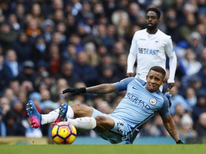 Britain Soccer Football - Manchester City v Swansea City - Premier League - Etihad Stadium - 5/2/17 Manchester City's Gabriel Jesus in action Action Images via Reuters / Jason Cairnduff Livepic EDITORIAL USE ONLY. No use with unauthorized audio, video, data, fixture lists, club/league logos or "live" services. Online in-match use limited to 45 images, no video emulation. No use in betting, games or single club/league/player publications. Please contact your account representative for further details.