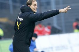 Football Soccer - SV Darmstadt 98 v Borussia Dortmund - German Bundesliga - Merck-Stadion am Boellenfalltor, Darmstadt, Germany - 11/02/17 - Borussia Dortmund's coach Thomas Tuchel reacts. REUTERS/Ralph Orlowski DFL RULES TO LIMIT THE ONLINE USAGE DURING MATCH TIME TO 15 PICTURES PER GAME. IMAGE SEQUENCES TO SIMULATE VIDEO IS NOT ALLOWED AT ANY TIME. FOR FURTHER QUERIES PLEASE CONTACT DFL DIRECTLY AT + 49 69 650050.