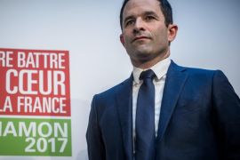 French socialist party, PS, candidate for 2017 presidential election Benoit Hamon during a press conference with French green party , EELV, presidential candidate Yannick Jadot (not pictured) concerning their political alliance, ahead of the 2017 French presidential elections, in Paris, France, 26 February 2017. EELV and socialist party announced an alliance between Jadot and Hamon in the next French presidential election race. French presidential elections are planned